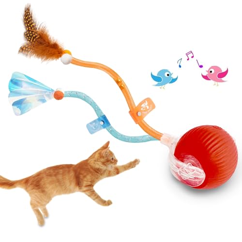 Interactive Cat Toys Ball,Automatic Cat Toy with Speedy Tail - Electric Rolling Ball for Indoor Cats, Motion-Activated Play with Elastic Mesh Tail - color: Red