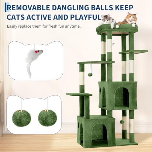OUTLANE 60-Inch Multi-Level Large Cat Tree, Heavy Duty Cat Tower for Indoor Large Cats Adventure, Stable Furniture with Extra-Wide Top Perch, 2 Hideaway Condos, 7 Natural Sisal Scratching Posts and to - color: Green