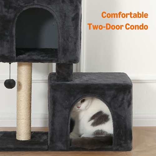 Amazon Basics 30-Inch Cat Tree Tower, Activity Center with 2 Plush Condos, Sisal Scratching Post and Hanging Pompom, Gray - size: 30 in