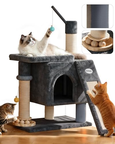 Eco-Wood Cat Tree Tower,【Small but All-in-One】with Scratching Posts, Indoor - color: Onyx Gray