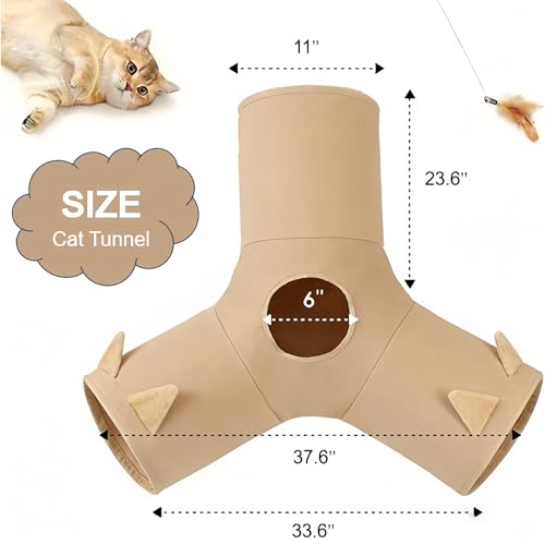 Cat Tunnel 3 Way Collapsible, Cat Ear Design with Crinkle Sound, Indoor Cat Toys Interactive, 4 Peek Holes Pet Play Tube for Cats, Kitten, Puppy, Rabbit, Brown (3-Way Brown Cat Ears) - size: 3-Way Brown Cat Ears