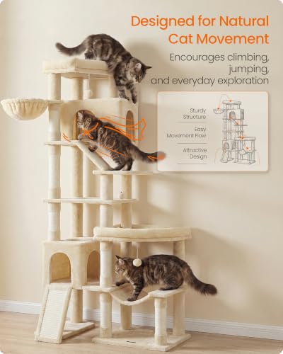 Feandrea Large Cat Tree, 79.5" Tall Sturdy Cat Tower for Indoor, Beige - color: Beige, size: 41.3"L x 17.7"W x 79.5"H