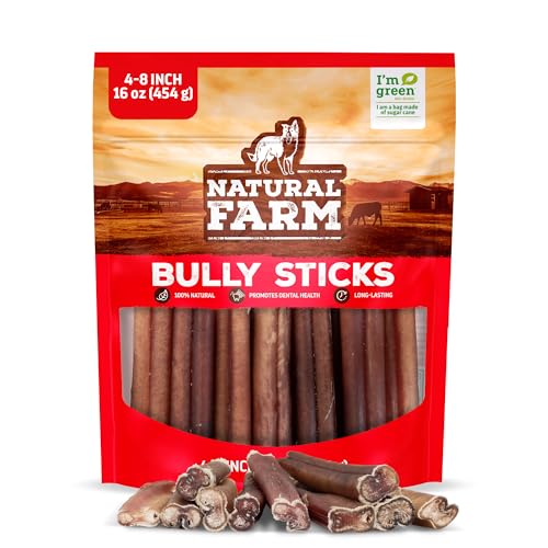 Natural Farm Odor-Free Bully Sticks (4-8”, 16oz) ALL-NATURAL Long-Lasting Chews, 100% Beef Pizzle, Grass-Fed, Grain-Free, Hormone-Free, Protein for Muscle Development & Energy, Perfect For Medium Dogs - size: 4-8" Standard - 16 Ounce