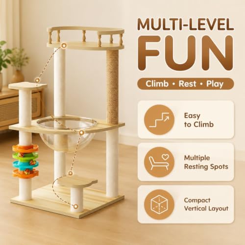 32.2" Modern Wood Cat Tree Tower for Indoor Cats, Multi-Level Cat Condo with Acrylic Hammock, Sisal Scratching Post, Top Perch & Toy, Small Cat Activity Tree for Small & Large Cats - color: Style E