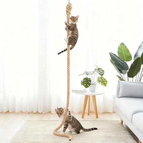 2" x9.8Ft Cat Climbing Rope with Hook, Natural Sisal Ceiling & Wall - size: 9.8FT