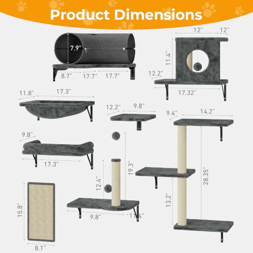 8-in-1 Cat Wall Shelves, Cat Wall Furniture Set - color: Grey
