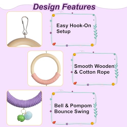 3-Ring Bird Wooden Swing with Bell Climbing Toy Chewable Cotton Rope Perch