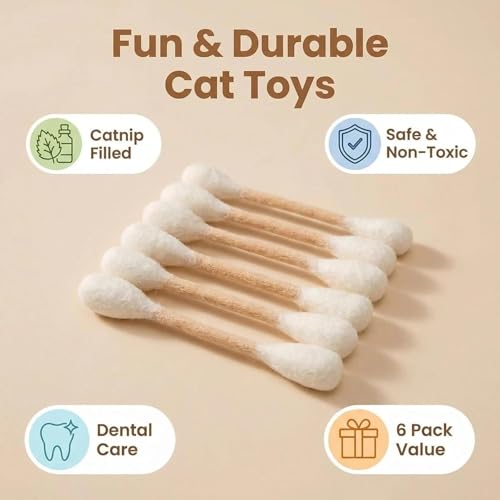 Cotton Swabs Cat Toys with Catnip, Giant Kitten Chew Sticks, Durable Dental Teething Ropes, Indoor Boredom & Dental Care, Pet Play Gift Accessories 6 Pack(Beige) - color: beige