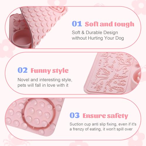 Silicone Lick Mat for Dogs & Cats – Slow Feeder Dog Bowl, Non-Slip Licking Mat for Large & Small Breeds, Puzzle Feeder & Snuffle Mat for Fast Eaters, Interactive Pet Food Mat with Measuring Spoon - color: Pink With Spoon