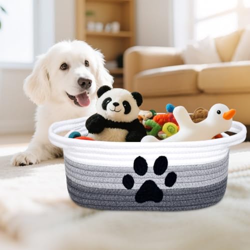 Small Woven Dog Toy Basket with Handle, Cute Paw - color: 3 Color-White Grey