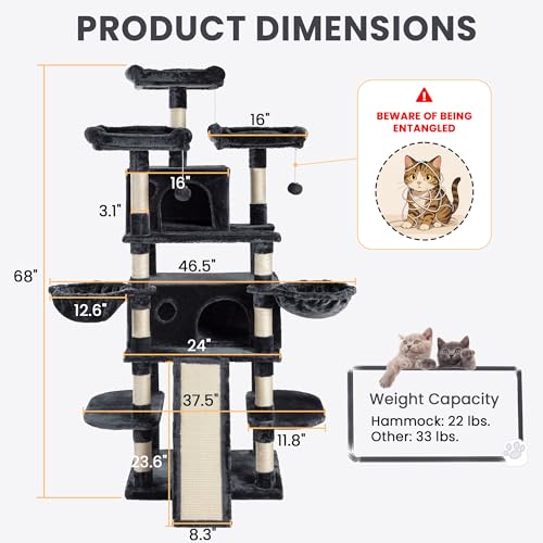 SHA CERLIN 68 Inches Multi-Level Large Cat Tree for Large Kitties/Big Cat Tower with Condo/Cozy Plush ‌Pussycat Perches/Sisal Scratching Posts and Hammocks/Activity Center/Dark Grey - color: Dark Grey, size: 68in
