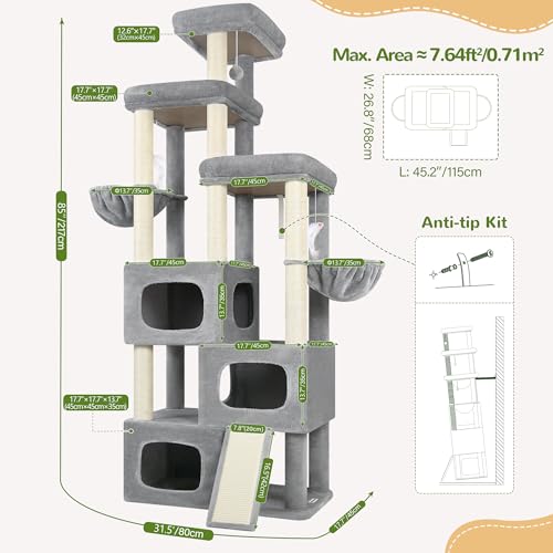 Globlazer 85 Inch Tall Cat Tree for Large Cats, Multi-Level Cat Tower for 4+ Cats with 3 Condos, 2 Hammocks & Sisal Posts, Heavy Duty Cat Tree Tower for Maine Coon, S85, Light Grey - color: Light Gray, size: 85 Inch