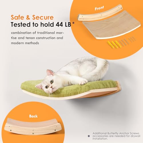 Curved Cat Shelves and Perches, Floating Cat Wall Bed with Comfortable Cushion - color: Wood Shelf+Green Cushion