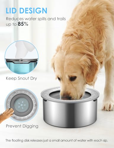 Heouvo 1.8 Gallon No Spill Dog Water Bowl with Slow Drink Floating Disk - color: Gray, size: 7L