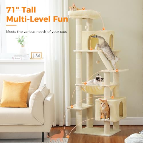 71" Cat Tree for Indoor Cats,Multi-Level Cat Tower with Large Hammock - color: Beige, size: 71 Inches