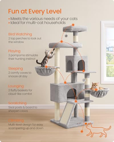 Feandrea Cat Tree, 68.5-in Tall Cat Tower, Multi-Level Condo, Dove Gray - color: Dove Gray