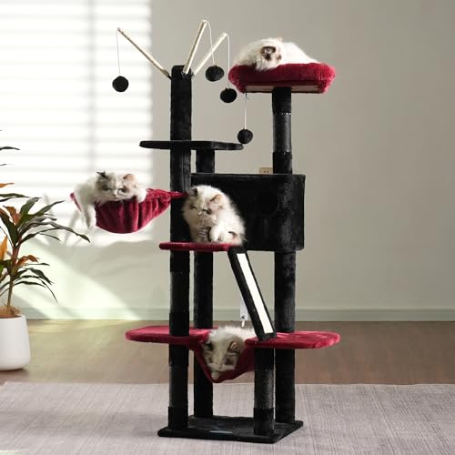 Hey-brother Cat Tree Tower with Padded Platform Bed, Hammock, MPJ019-SBR - color: Black and Red