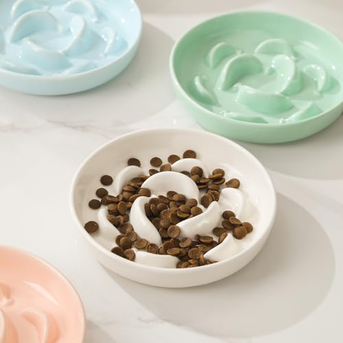 2 Pcs Ceramic Cat Slow Feeder Bowl Set, 6.3" Wide, Slow Eating 5X - color: White and Blue