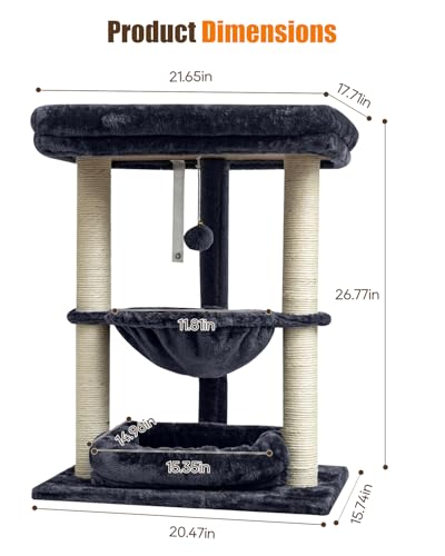 SYANDLVY 3 Level Small Cat Tree with Top Perch, Middle Hammock & Bottom Bed - color: Smoky