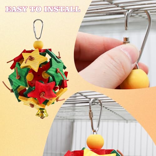 Interactive Bird Toy with Wooden Star Blocks & Leather Knots – Hanging Foraging Ball with Bell for Parrots, Cockatiels, Conures | Cage Climbing & Beak Exercise Toy