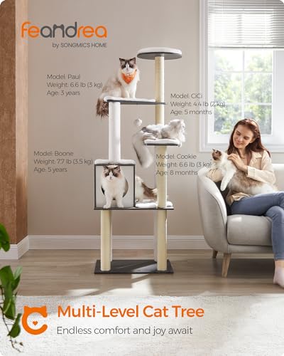 Feandrea Cat Tree, 65-Inch Multi-Level Tower with 5 Scratching Posts - color: Misty Gray