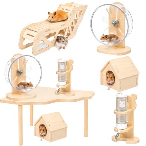 Novabright 5 Pcs Hamster Wooden Cage Accessories Hideout Wheels Platform - style: Basic Play Set