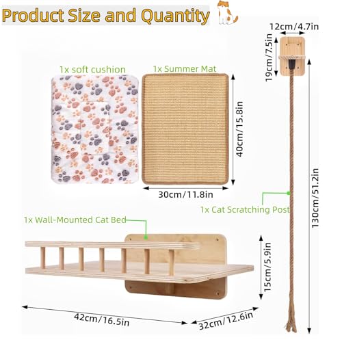 Wall-Mounted Cat Bed & 4.3ft Climbing Rope, with Soft Cushion & Cool Mat, Wall-Mounted Cat Furniture for Sleep Climb, Easy DIY Installation