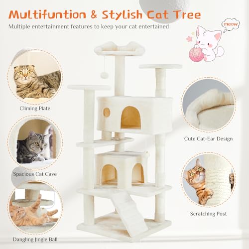 Sweetcrispy 54-inch Cat Tree Tower with Scratching Posts, Indoor Use - color: Beige, size: 54*20*20IN