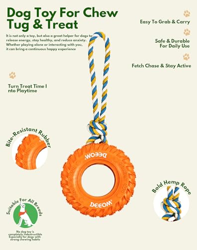 Dog Chew Tire Toy, Natural Rubber Puppy Teething Toy-Tether 6.3'' Orange - color: Orange+Rope