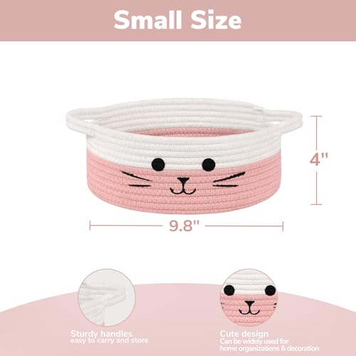 Small Woven Rope Cat Toy Basket with Cat Face Design, White Pink - color: White & Pink, size: 9.8"W x 4"H