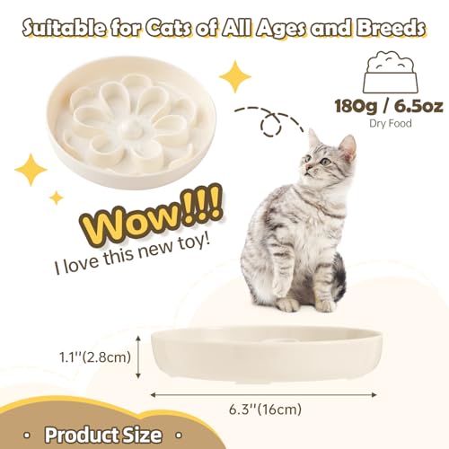 Melamine Slow Feeder Cat Bowl - Cute Blossom Maze Cat Dish - Fun Interactive Plate for Dry & Wet Food - Whisker Friendly - Dishwasher Safe - 6.3''W x 1.1''H - color: White