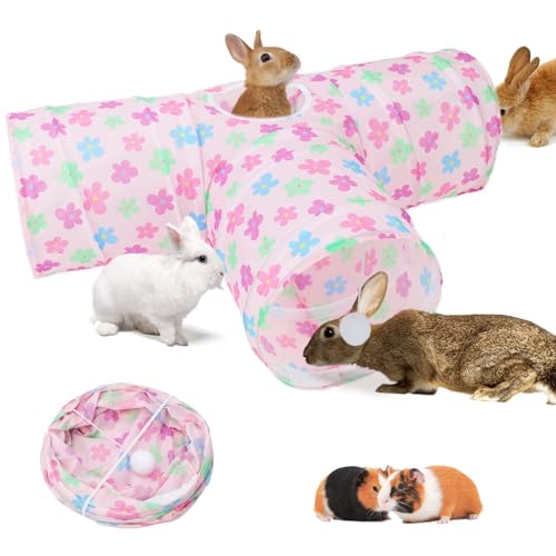 BWOGUE Bunny Tunnels & Tubes, 3-Way Collapsible Rabbit Hideout for Bunnies - color: Pinkflower