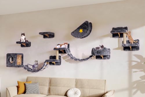 13-in-1 Cat Wall Shelves, Moon & Bridge Cat Wall Furniture, Grey - color: Grey, size: 13-in-1