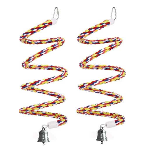 2Pcs 43'' Bird Rope Perches Birdcage Swing Toys 100% Cotton Natural Bird Perch Peck/Chewing with Vintage Bell Climbing Standing Bungee Parrot Toys for Small to Regular Size Parrot Cockatiel Birds - size: 43'x2pcs