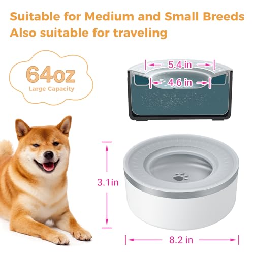 WENBOKMIN Stainless Steel Dog Water Bowl No Spill Detachable, 64oz, White | Slow Drinking Dog Bowls with Non Slip Bottom, Easy to Clean, Keep Xerosis Pilorum - color: White