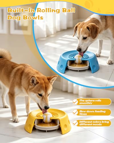 2 Pack Slow Feeder Dog Bowl with Rolling Ball, Interactive Lick Bowl for Dogs & Cats Anti-Slip Silicone Lick Mat for Liquid Treat Wet Food Bone Broth Enrichment Toy for Small Medium Large Dogs - color: Blue & Yellow