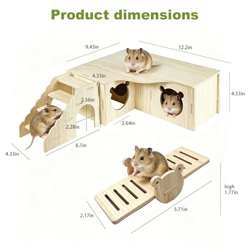 3 Pcs Wooden Hamster Platform Set,Multi‑Chamber Hideout House Ladder Seesaw - color: M