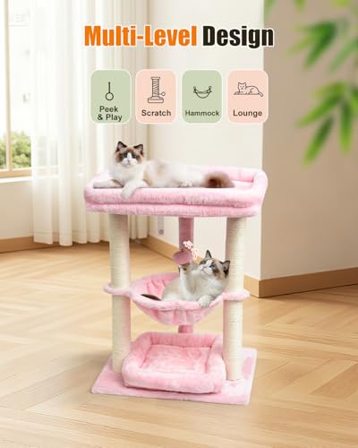 SYANDLVY Small Cat Tree for Indoor Cats with Top Perch Hammock & Bottom Bed - color: Pink