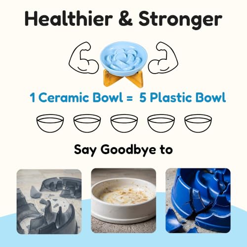 Elevated Slow Feeder Cat Bowl with Bamboo Stand, 6.3'' Ceramic Cat Food Bowl, Raised Whisker Friendly Cat Dish for Wet & Dry Food, Dishwasher Safe Anti-Slip Feeder for Cats & Small Dogs (Blue) - color: Blue with Stand