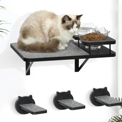 Cat Wall Shelves Furniture Set with 2 Food Bowls, Wooden Cat Climbing Wall Systems with Scratching Pad and 3 Steps, Floating Shelves Bed Perches Wall Mounted for Indoor Fit Up to 15Lbs (Black)