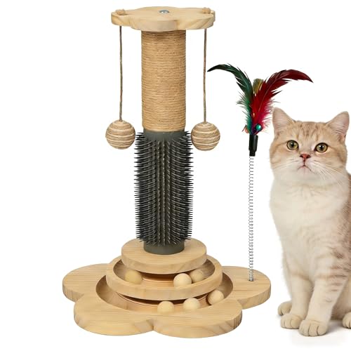Wooden Cat Scratching Post, 4 in 1 Cat Scratcher Kitten Toys - color: 17.7" Post with Brush
