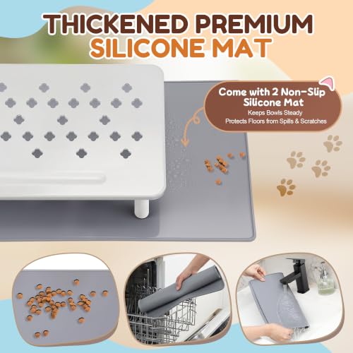 Dreyoo 2 Set Adjustable Cat Food Stand, White,Gray Mat - color: White