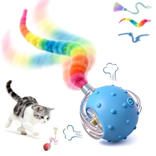Interactive Cat Toy, Auto Chirping Ball w/ 3 Tails, Self Play Indoor - color: P02 Blue