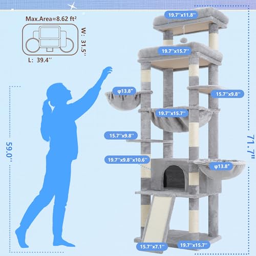 Hey-brother Cat Tree Tower with Extra Large Platform and Basket, MPJ080W - color: Light Gray, size: 71.7 inches