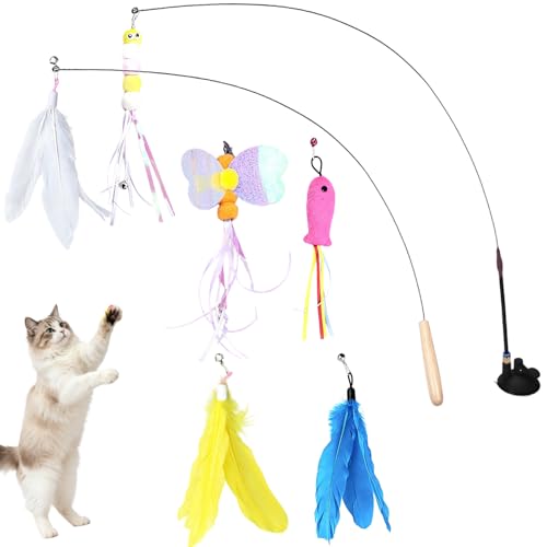 Suction Cup Cat Teaser Wand, 8-Piece Interactive Cat Feather Toy Set, 2 Wands + 6 Replaceable Refills, Detachable Steel Wire & Wooden Handle for Indoor Cats