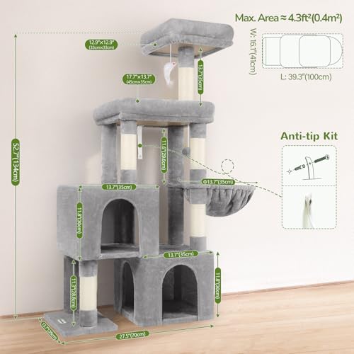 Globlazer 52in Cat Tree Tower for Indoor Cats, 2 Condos, S52, Light Grey - color: Light Grey