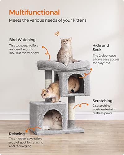 Feandrea Cat Tree, 26.4-Inch Small Cat Tower, Cute Plush Condo, Light Gray - color: Light Gray, size: S (15.7"L x 11.8"W x 26.4"H)