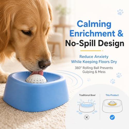 Dog & Cat Lick Bowl Slow Feeder with Rolling Ball, No-Spill Liquid Bowl for Bone Broth, Yogurt, Wet Food, Post-Op Liquid Diet, Calming Enrichment Toy for Dogs, Cats, Rabbits and Small Pets