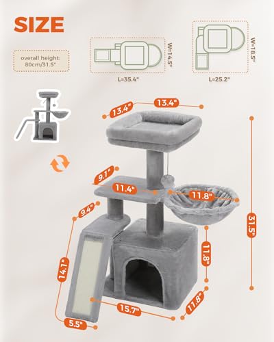 PETEPELA Cactus Cat Tree for Kittens & Small Cats, 32in Cat Tower, Grey - color: Grey