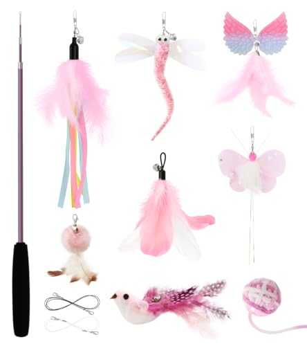 SONGWAY Interactive Cat Wand Toy Set - Retractable Cat Teaser Wand with 8 PCS Cat Toy Attachments, Dragonfly Butterfly Bird Mouse Yarn Ball Tassel Feather Cat Toy Refills for Indoor Cats Kittens, Pink - color: Pink